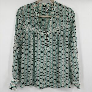 Dolan Left Coast Teal Geometric Print Crochet Trim Blouse Small Womens